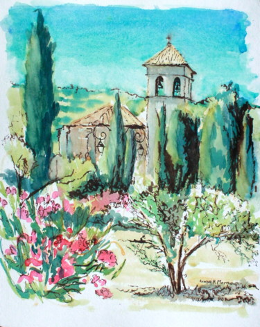 "L'Eglise, Vailhan" - Aquarelle